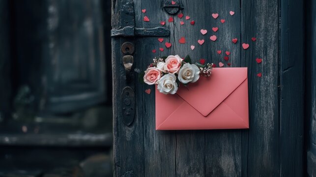 Pink Envelope with Flowers on Rustic Door, Romantic Scene