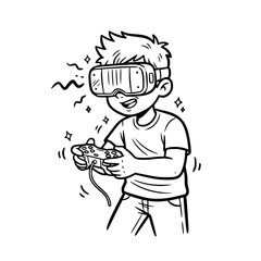 Boy playing virtual reality game outline illustration
 