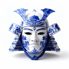 Japanischer Samuraihelm aus Porzellan mit blauer Blumenmalerei
