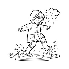 Boy playing in rain outline illustration