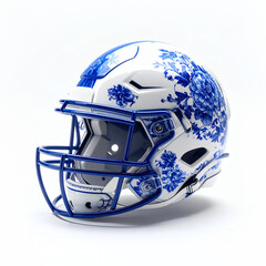 Weißer Porzellanhelm mit blauer Blumenverzierung
