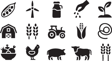 Farm animal and crop icons for natural food and agricultural product packaging