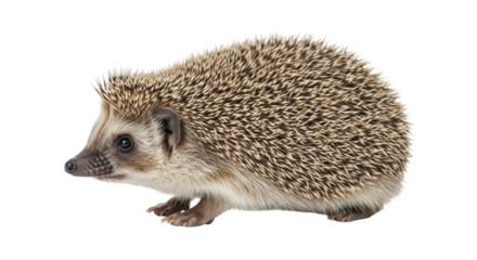 Isolated spiny European hedgehog facing left; a small mammal in horizontal composition