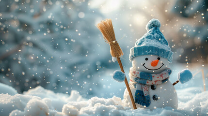 Cute snowman with blue hat and scarf standing in snowy winter Christmas landscape