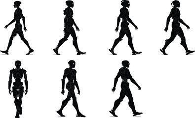 Humanoid robot walking cycle silhouette, mechanical joints, futuristic motion, AI robotics animation frame, biomechanics study, side and front view