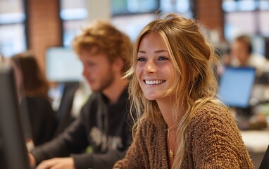 Woman smiling while looking at computer engaging with colleagues in natural light and warm tones