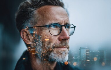 Businessman with glasses posing against holographic city skyline with futuristic digital overlay