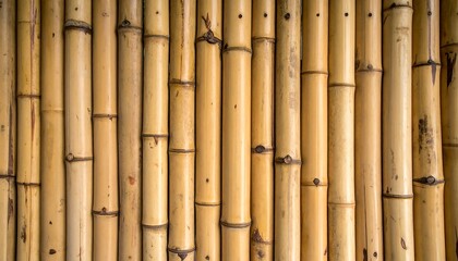 Naklejka premium A close-up view showcases a natural bamboo wall. The vertical stalks are golden brown and slightly textured