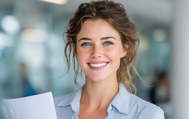 Happy businesswoman smiling and holding a piece of paper while working in a bright office space