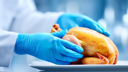 Scientist examines a chicken for research in a laboratory setting with gloves and precise tools