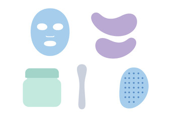 Fototapeta premium Skincare routine set with sheet mask, eye patches, cream jar, and beauty tools