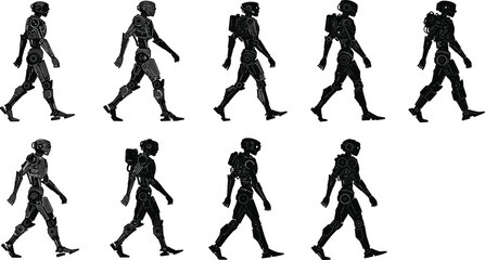 Humanoid robot walking, biomechanics motion, mechanical joints, robotics animation, gait cycle, futuristic design, motion analysis, artificial intelligence, technology, engineering