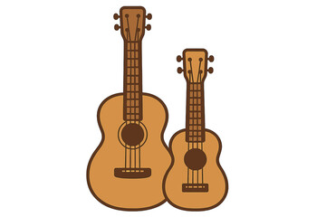 Pair of acoustic string instruments standing vertically on a white background