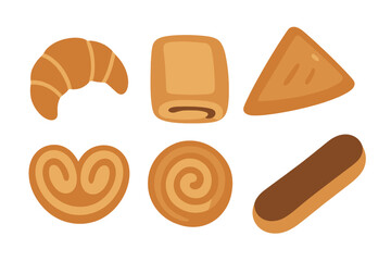 Collection of six popular French and European pastries including croissant eclair and palmier