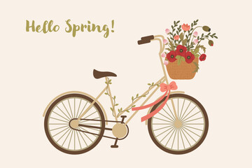 Obraz premium Hello Spring Bicycle With Flower Basket And Blooming Florals Vector Illustration In Pastel Colors