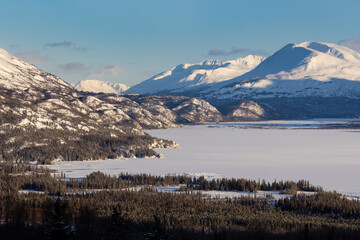snow covered mountains with lake