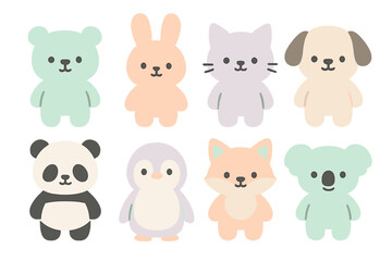 Pastel colored collection of eight adorable baby animals including bear rabbit cat dog and panda
