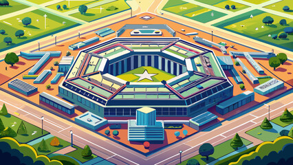 Obraz premium Very beautiful aerial view of the Pentagon, U.S. Department of Defense headquarters in Arlington, Virginia, vector-style illustration showcasing symmetry, structure, and iconic design.
