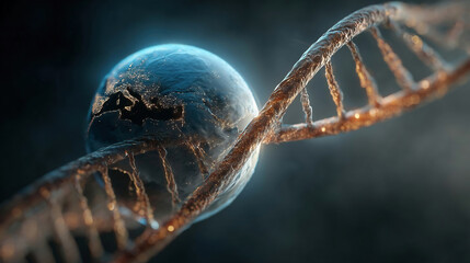Abstract render of earth inside a glowing DNA
