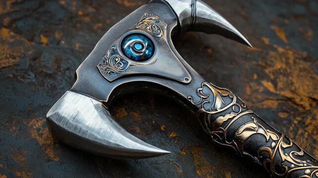 A close-up shot of a metal axe with a mysterious blue eye embedded in it