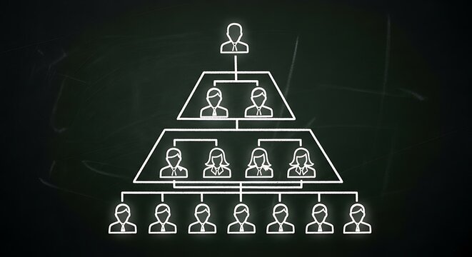 Hierarchical organizational chart illustrating a pyramid shaped business structure with interconnected figures representing leadership and team members in a corporate hierarchy