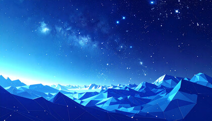 Obraz premium Polygonal night sky full of stars with angular shapes shimmering against a deep blue gradient for modern 3D space design, geometric celestial art, and digital cosmic visualization
