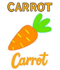 Carrot illustration with playful text created using digital colored pencils. Cute and colorful vegetable design perfect for food projects, children’s artwork, and decorative lettering.