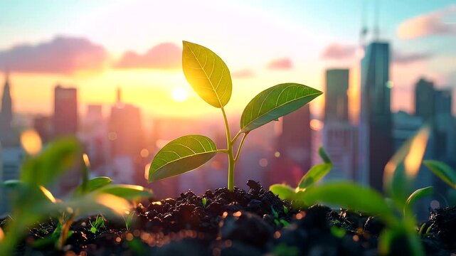 Young green plant sprouts from soil in a city at sunset.