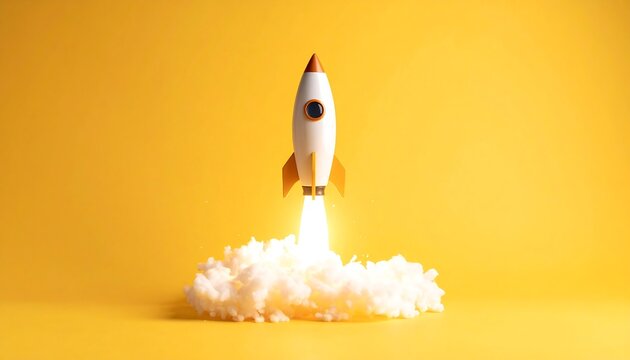 A stylized, cartoonish rocket ship blasts off, leaving a cloud of fluffy white smoke against a solid, bright yellow background