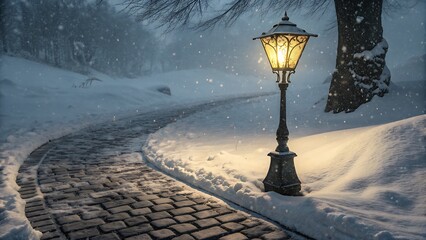 A solitary, ornate lamppost illuminates a snowcovered cobblestone path winding through a serene winter landscape, with gentle snowfall creating a magical and tranquil atmosphere