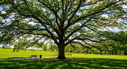 Majestic Oak Tree in a Lush Green Park on a Sunny Day.