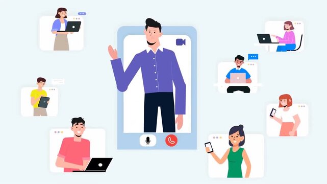 Teacher explaining online lessons to students via video conference, e-learning and remote education concept