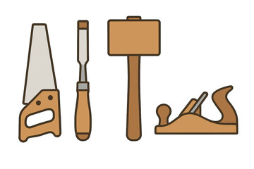 Essential carpentry and woodworking hand tools icons set