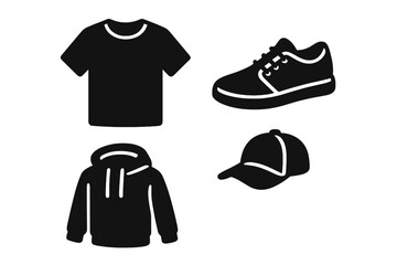 Black silhouette icons of casual clothing and footwear items