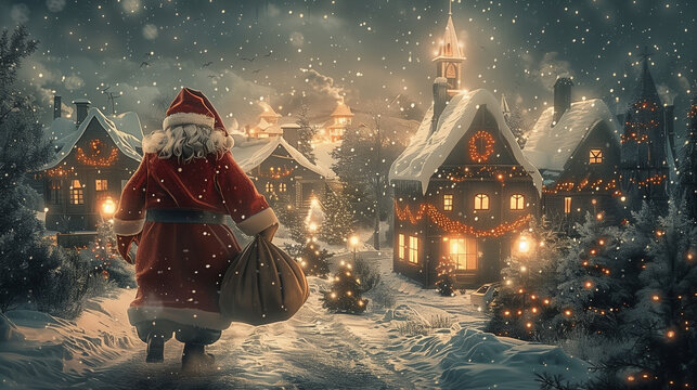 Santa Claus carrying bag of presents on snowy evening in Christmas village