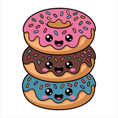 Cute Kawaii Donuts Vector Adorable Cartoon Sweet Food Illustration with Smiling Faces and Colorful Sprinkles