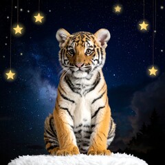 Adorable tiger cub sitting in front of a starry sky background