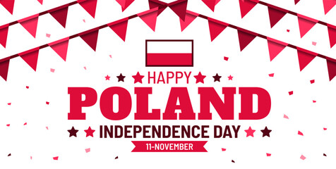Happy Poland Independence Day background or banner design. 11 November Festive Celebration. Vector banner with Polish flag, red and white bunting garlands, stars, and confetti.
