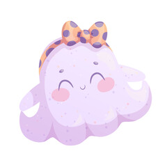 Cute smiling ghost girl with a bow on a white background. Halloween. Isolated vector illustration for the design of postcards, postcards for printing, textiles, stickers