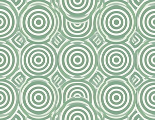 Fototapeta premium A repeating pattern of overlapping circles with concentric rings, in a sage green and white color scheme. The circles create an optical illusion