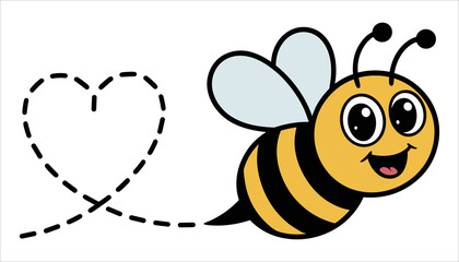 Cute Bee Cartoon Vector Smiling Insect with Heart Trail, Adorable Flying Bee Illustration for Kids and Love Design