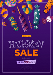 A template for making flyers for Halloween. Candies, lollipops, marshmallows, caramel sticks. Autumn discounts, sale. Vector illustration in A4 format for posters, banners, promotions, advertisements