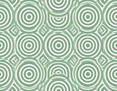 A repeating pattern of overlapping circles with concentric rings, in a sage green and white color scheme. The circles create an optical illusion