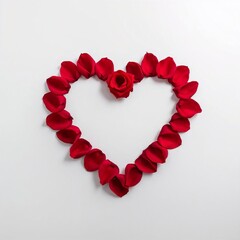 Heart shape made from red rose petals on a white background