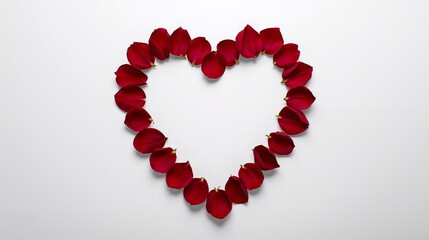 Red rose petals form a heart shape on a white background