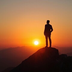Man in suit silhouetted against a fiery sunset on a mountain peak