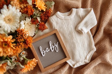 Fototapeta premium Letterboard Template. Baby Bodysuit Mockup for Fall Pregnancy Announcement