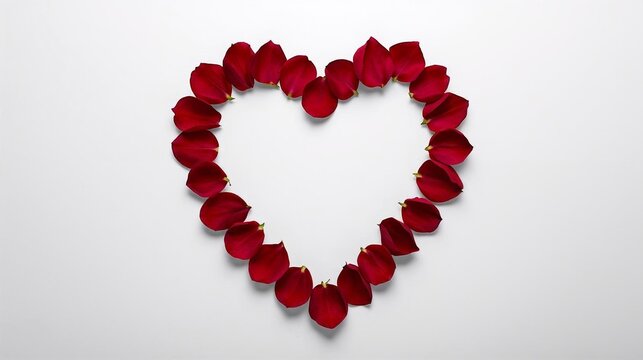 Red rose petals form a heart shape on a white background - Powered by Adobe