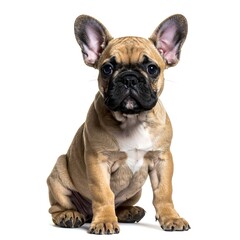 Fototapeta premium A light brown puppy with huge ears sits upright against a white background, looking forward with a curious expression