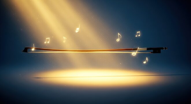 Luminous Violin Bow with Floating Musical Notes on Dark Blue Background